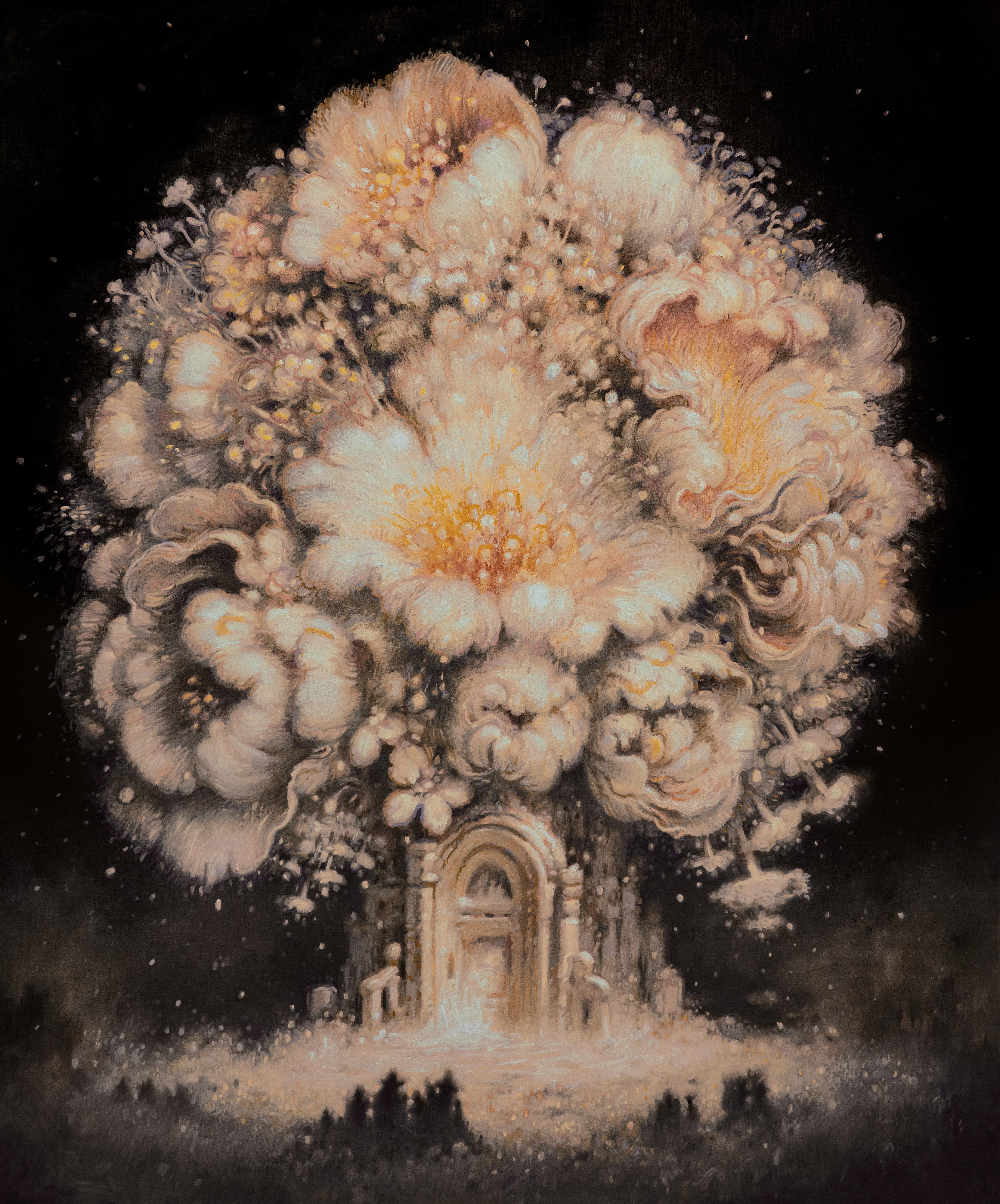 Flower tower and quiet crowd